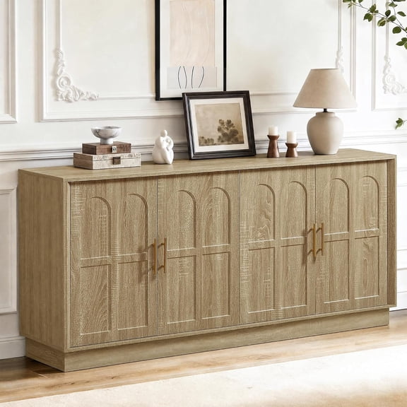 BFJDM 67" Arched Sideboard Buffet Cabinet, 4 Door Storage Credenza with Adjustable Shelves, Wood Accent Cabinet TV Console for Living Room Dining Room Kitchen