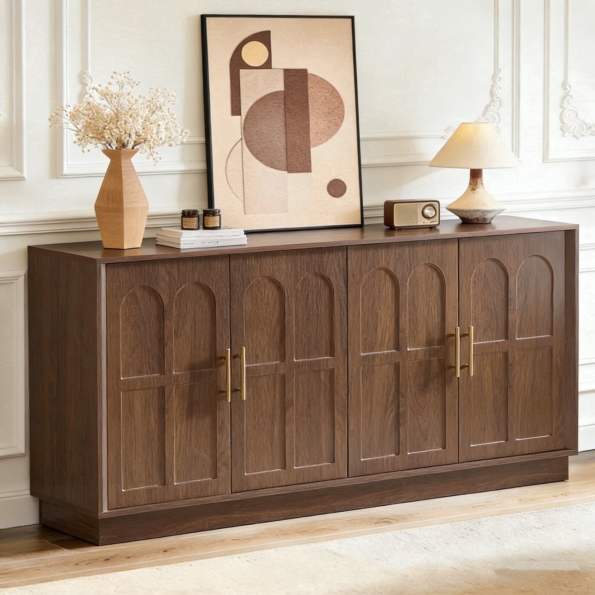 BFJDM 67" Arched Sideboard Buffet Cabinet, 4-Door Wood Walnut Credenza Storage Accent Cabinet TV Console for Living Room Kitchen Dining Room Entryway
