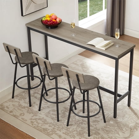 BFJDM 63" Industrial Bar Table Set with 3 PU Upholstered Stools Rustic Gray Counter Height Table for Kitchen Living Room