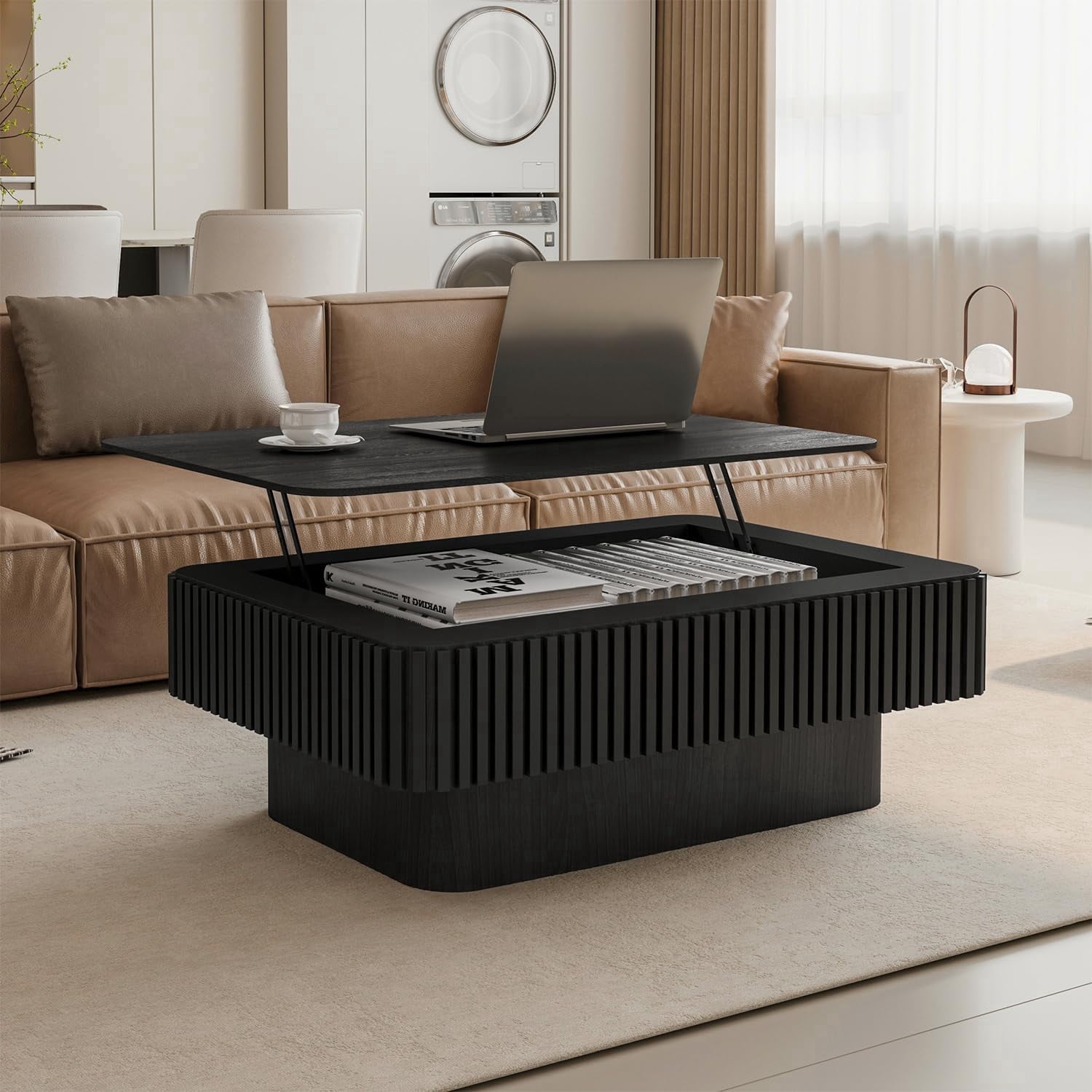BMJDM Mid-Century Lift Top and Storage Solid Wood and MDF Coffee Table with Hardware and Installation Instructions, Black