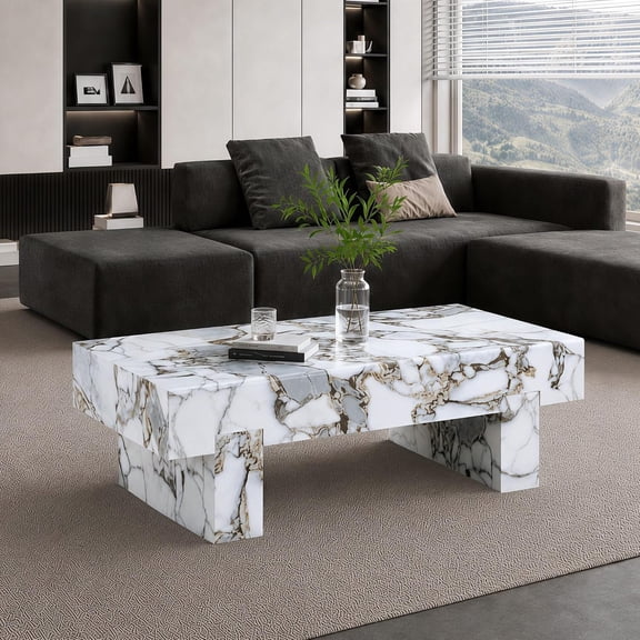 BFJDM Modern Marble Coffee Table for Living Room, 45" Rectangle Stone-Look Center Table with Thick Tabletop, Rounded Edges, Mid-Century Style