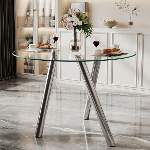 BFJDM Small Glass Dining Table for 2-4 People, 35" Round Dining Table with Metal Legs, Glass Kitchen Table for Dining Room Home Office Small Spaces, Walnut