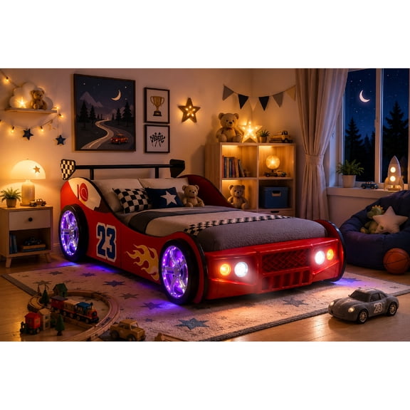 BFJDM Twin Kids Car Bed with LED Wheels & Headlights, Race Car Design Wooden Platform Bed Frame for Boys, Night Light Feature, Safe & Sturdy