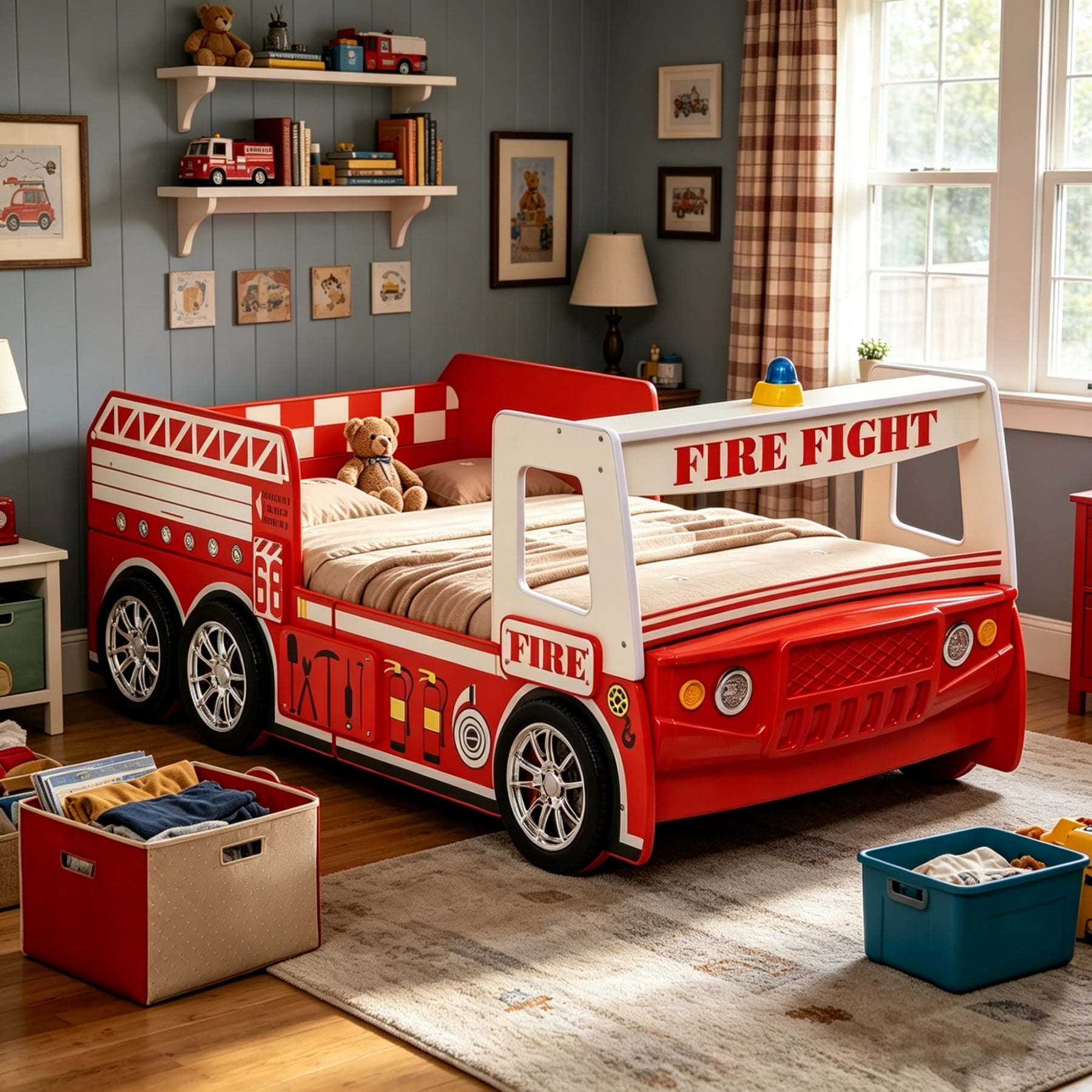 BFJDM Twin Size Fire Truck Bed for Kids - Red Wooden Platform Frame with LED Lights, Wheels & Slat Support ,No Box Spring Needed