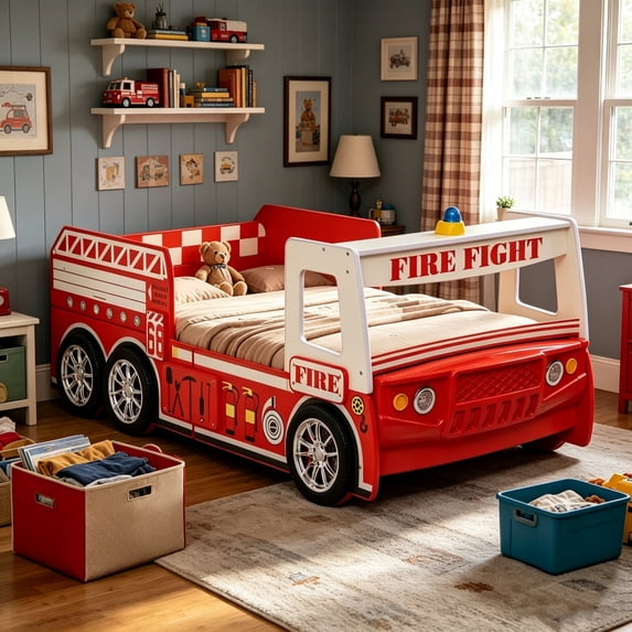 BFJDM Twin Size Fire Truck Bed for Kids - Red Wooden Platform Frame with LED Lights, Wheels & Slat Support ,No Box Spring Needed