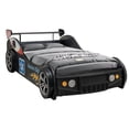 thumbnail image 1 of BFJDM Twin Size Race Car Bed for Kids - Black Wooden Platform Frame with LED Lights, Wheels & Slat Support ,No Box Spring Needed, 1 of 8