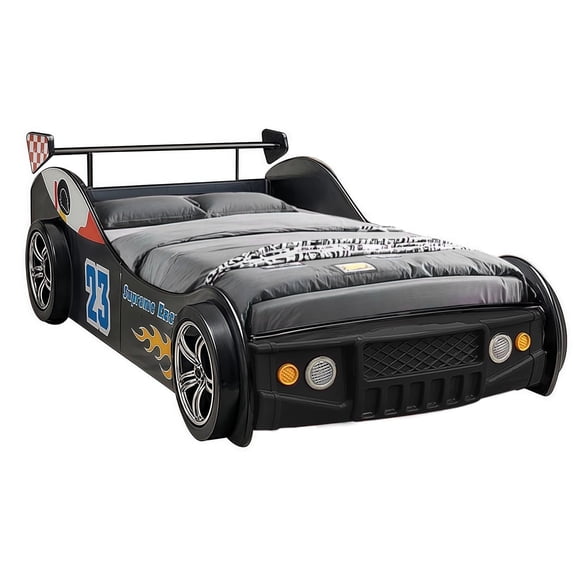 BFJDM Twin Size Race Car Bed for Kids - Black Wooden Platform Frame with LED Lights, Wheels & Slat Support ,No Box Spring Needed