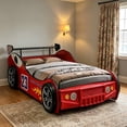 thumbnail image 1 of BFJDM Twin Size Race Car Bed for Kids - Red Wooden Platform Frame with LED Lights, Wheels & Slat Support ,No Box Spring Needed, 1 of 9