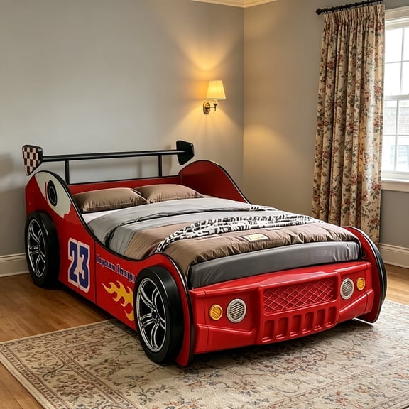 BFJDM Twin Size Race Car Bed for Kids - Red Wooden Platform Frame with LED Lights, Wheels & Slat Support ,No Box Spring Needed