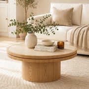 BFJDM35.43 Inch Round Coffee Table with Travertine Texture Sintered Stone Top, Mid-Century Modern Pedestal Center Table, Wood Coffee Tables for Living Room Bedroom Apartment, Easy Assembly, Walnut