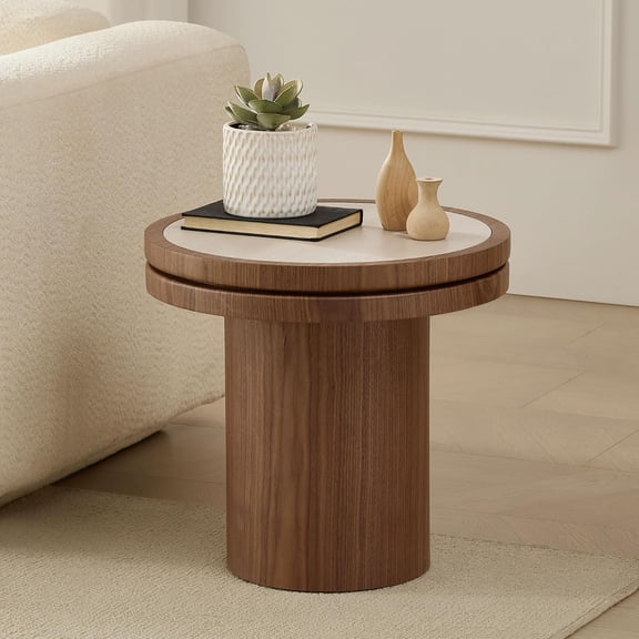 BFJDM35.43 Inch Round Coffee Table with Travertine Texture Sintered Stone Top, Mid-Century Modern Pedestal Center Table, Wood Coffee Tables for Living Room Bedroom Apartment, Easy Assembly, Walnut
