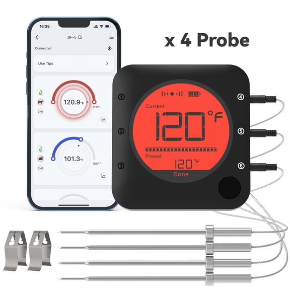 BFOUR Bluetooth Wireless Meat Thermometer With 4 Probes for Smoker Bbq Grilling Oven