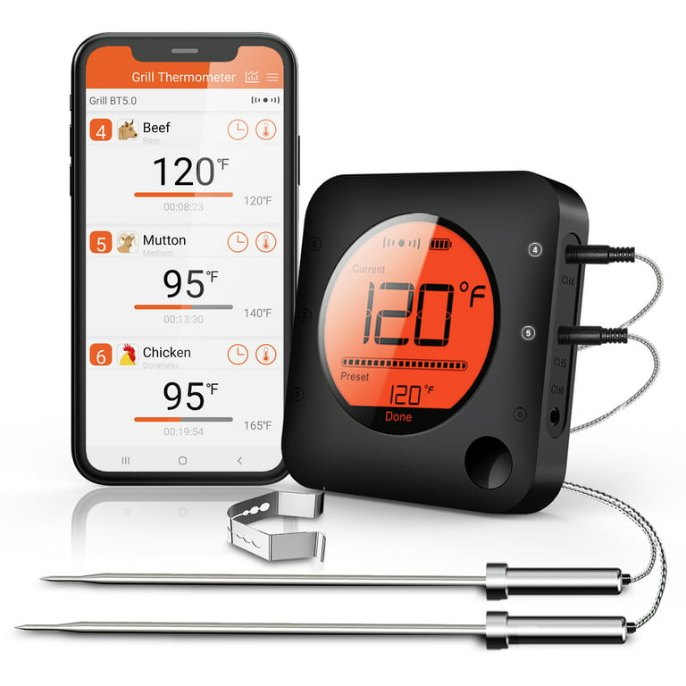 Bluetooth and WiFi Meat Thermometer IBBQ-4BW, Smart Wireless Grill  Thermometer, 4 Color Probes | Mobile Notification, High/Low Timer,  Rechargeable