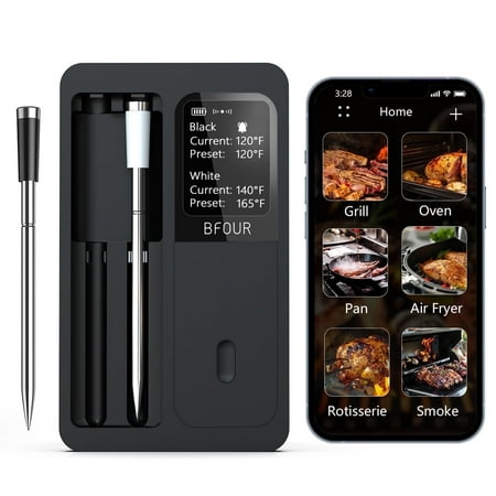 BFOUR Wireless Meat Thermometer with 2 Probes - Bluetooth Smart BBQ Food Thermometer with 500ft Range & App - Rechargeable Digital Cooking Thermometer for Grilling, Smoking, Oven