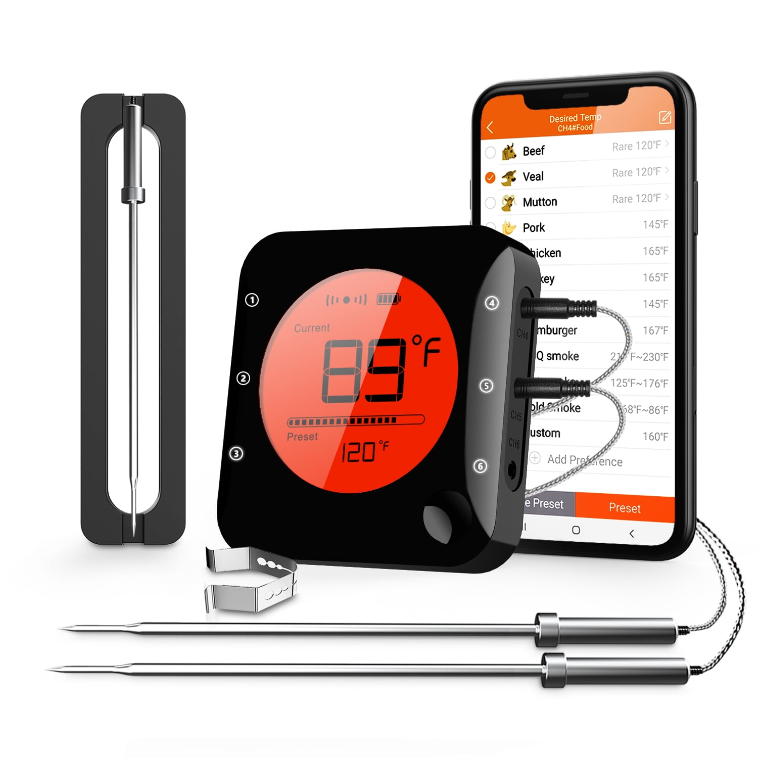 BFOUR Wireless Meat Thermometer, Bluetooth Meat Thermometer with 3 Probes,  LCD Thermometer for Grilling Smoker 