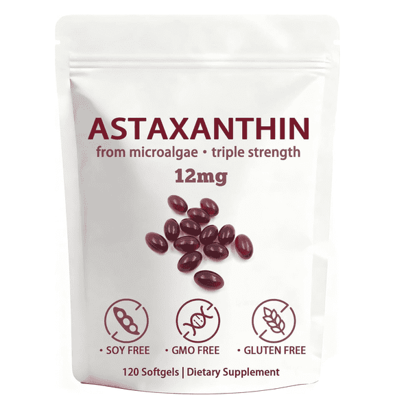 BFQN Astaxanthin 12mg Softgels Premium Antioxidant Supplement from Fresh Microalgae, Triple Strength, Non-GMO & Gluten-Free, 120 Softgels (4-Month Supply)