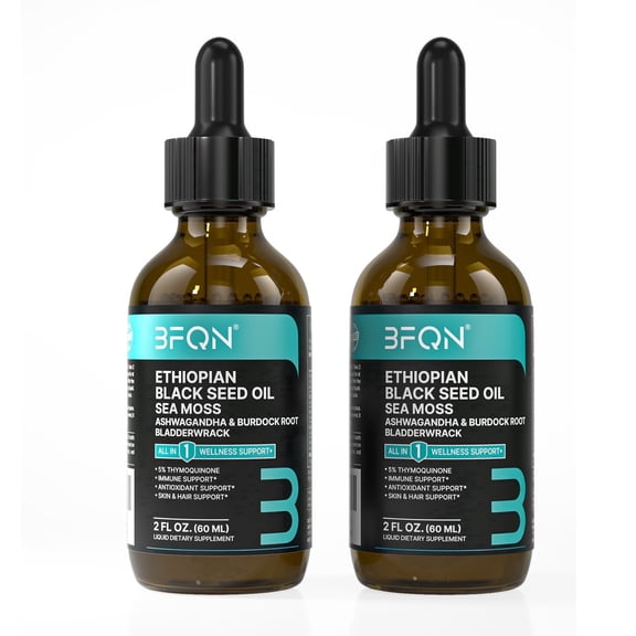 BFQN (2-Pack) Ethiopian Black Seed Oil Drops Supplement | 5% Thymoquinone, 5-in-1 with Organic Irish Seamoss Ashwagandha Burdock Root & Bladderwrack - Vegan for Immune, Skin & Hair Support, 2 fl oz (