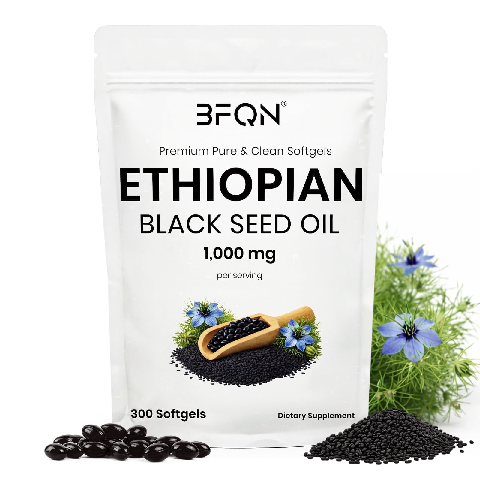 BFQN  Ethiopian Black Seed Oil Softgels – 300 Softgels with 1000mg Cold-Pressed Nigella Sativa, Non-GMO, Skin Health Support