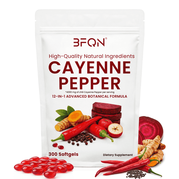 BFQN Cayenne Pepper 12-in-1 Softgels with Vitamin D3+K2, Grape Seed, Hawthorn and Beetroot Extract, Supports Heart, Vein and Circulation Health, 300 Softgels (100-Day Supply)