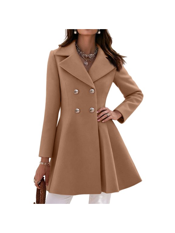 A-Line Coats for Women Fall Winter Long Sleeve Slim Fit Mid Length Coats Lapel Collar Double Breasted Flared Hem Outerwear S