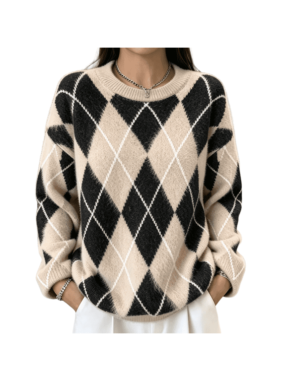 Argyle Plaid Crew Neck Sweater for Women Color Block Loose Pullover Top Soft Fuzzy Knit Casual Lazy Long Sleeve Shirt for Fall Winter 2XL