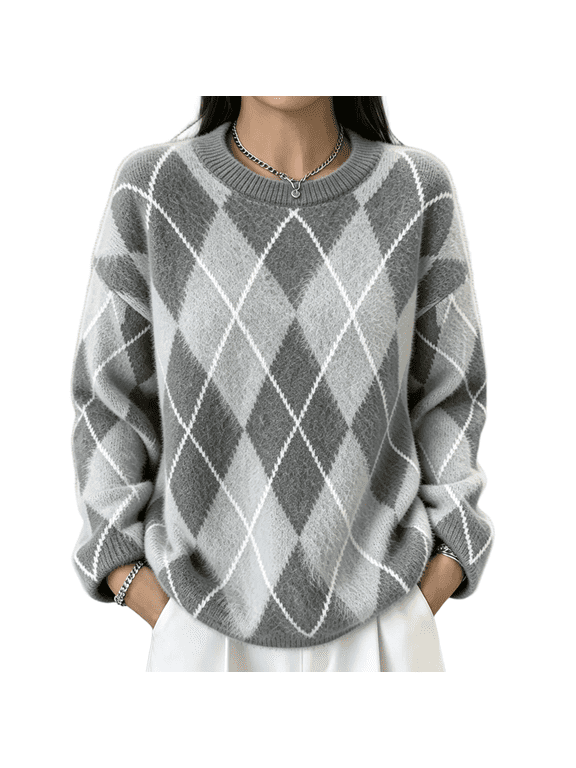 Argyle Plaid Crew Neck Sweater for Women Color Block Loose Pullover Top Soft Fuzzy Knit Casual Lazy Long Sleeve Shirt for Fall Winter XL