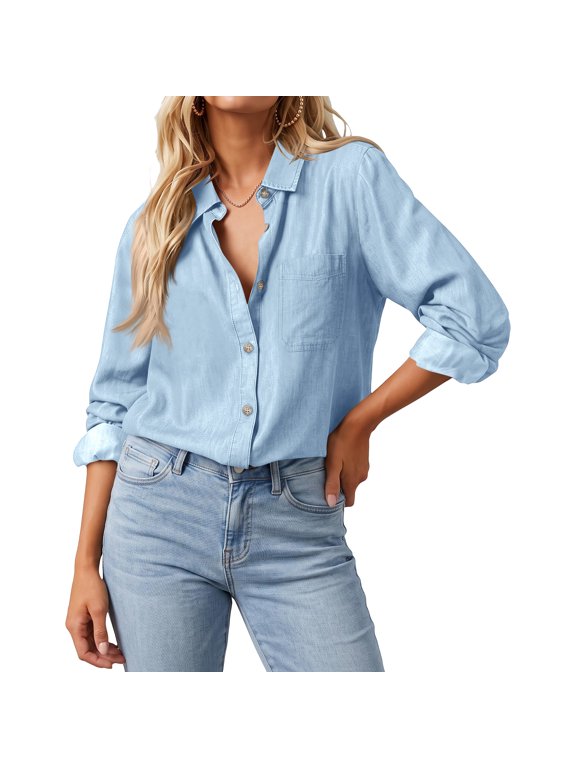 Chambray Button Down Shirt for Women Long Sleeve Collared Loose Fit Blouse Chest Pocket Casual Lightweight Denim Style Tunic Top for Daily Wear L