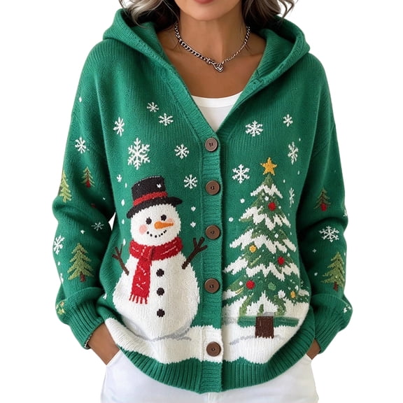 BFRGSIJ Christmas Hooded Cardigan Sweaters for Women Long Sleeve Button Down Christmas Graphic Knit Jacket Casual Holiday Knitwear Coat L