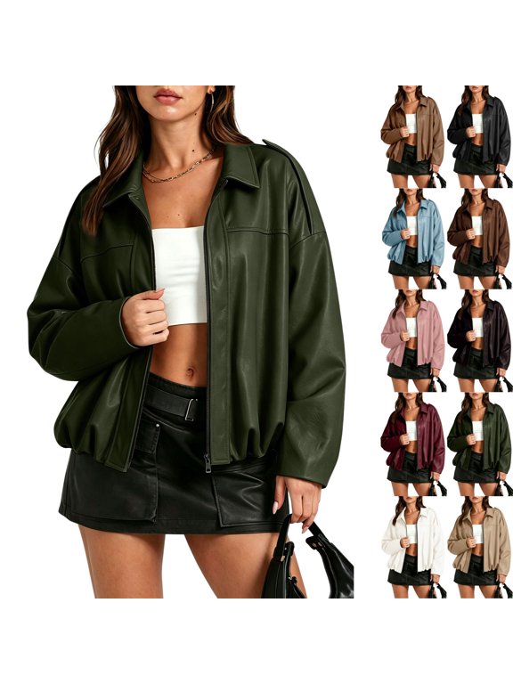 Cropped Faux Leather Coat for Women Collared Drop Shoulder Long Sleeve PU Jacket with Elastic Hem Casual Moto Outerwear M