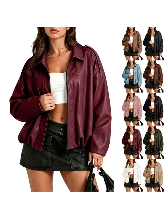 Cropped Faux Leather Coat for Women Collared Drop Shoulder Long Sleeve PU Jacket with Elastic Hem Casual Moto Outerwear S