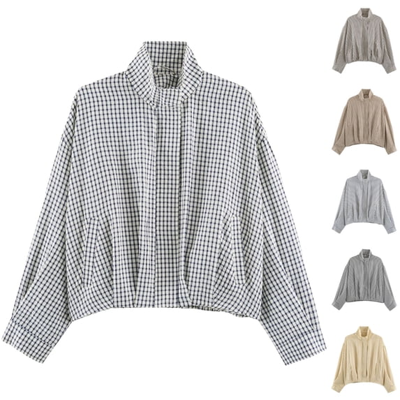 BFRGSIJ Gingham Jacket for Women Long Sleeve Stand Collar Zip Up Plaid Shacket Casual Preppy Outerwear for Spring Fall M