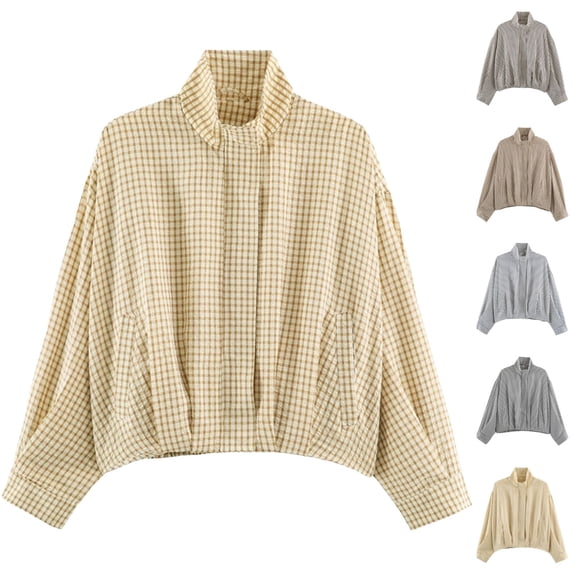BFRGSIJ Gingham Jacket for Women Long Sleeve Stand Collar Zip Up Plaid Shacket Casual Preppy Outerwear for Spring Fall M