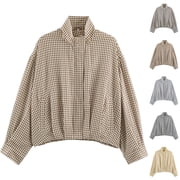 BFRGSIJ Gingham Jacket for Women Long Sleeve Stand Collar Zip Up Plaid Shacket Casual Preppy Outerwear for Spring Fall M