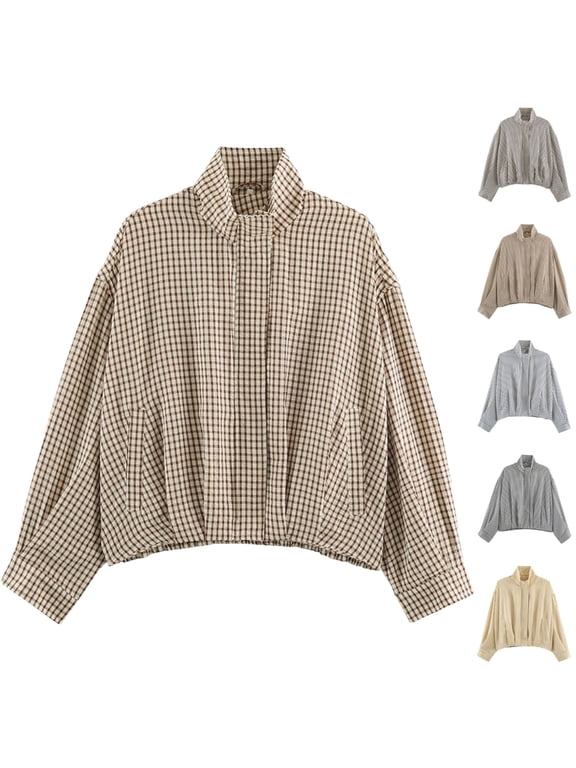 Gingham Jacket for Women Long Sleeve Stand Collar Zip Up Plaid Shacket Casual Preppy Outerwear for Spring Fall M