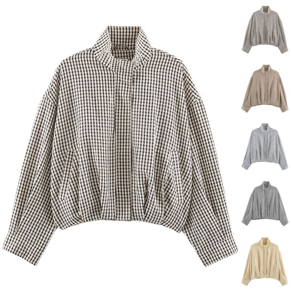 BFRGSIJ Gingham Jacket for Women Long Sleeve Stand Collar Zip Up Plaid Shacket Casual Preppy Outerwear for Spring Fall S