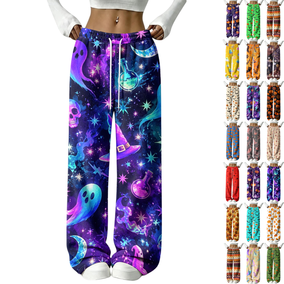 BFRGSIJ Halloween Lounge Pants for Women Soft Fleece Baggy Wide Leg Sleep Pajamas Spooky Season Festive Casual Fall Sleepwear 2XL