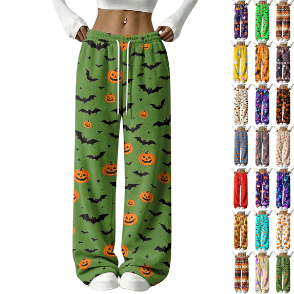 BFRGSIJ Halloween Lounge Pants for Women Soft Fleece Baggy Wide Leg Sleep Pajamas Spooky Season Festive Casual Fall Sleepwear L