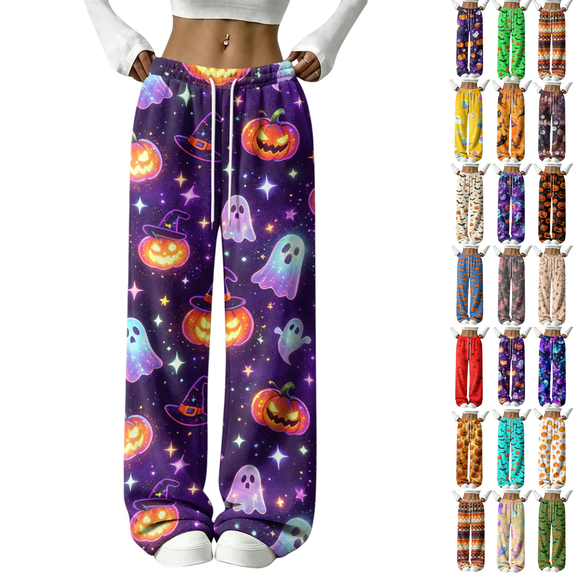 BFRGSIJ Halloween Lounge Pants for Women Soft Fleece Baggy Wide Leg Sleep Pajamas Spooky Season Festive Casual Fall Sleepwear S