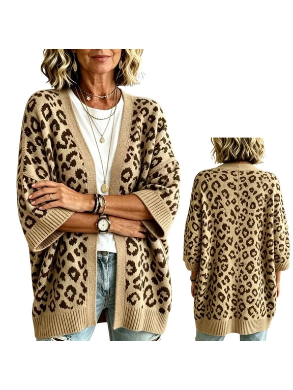 Leopard Print Cardigan Sweaters for Women 3/4 Sleeve Oversized Open Front Sweater Casual Loose Layering Jacket for Fall Spring L