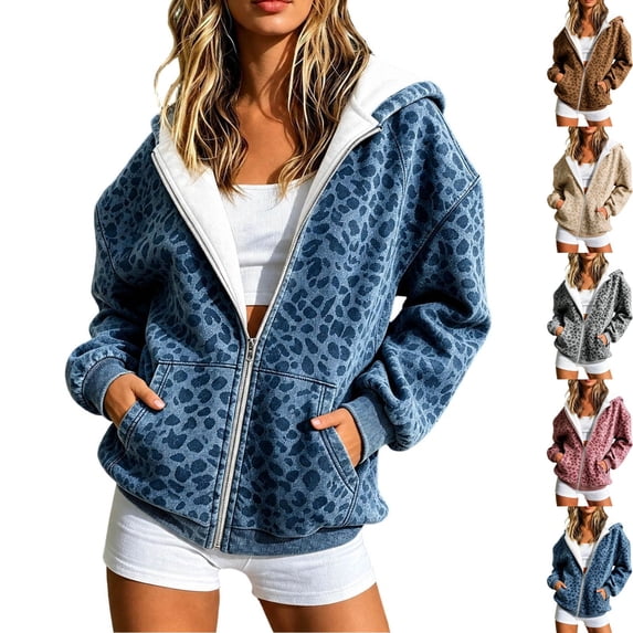 BFRGSIJ Leopard Print Zip Up Hoodie for Women Fleece Lined Hooded Jacket with Pockets Casual Streetwear Fall Winter Sweatshirt 2XL