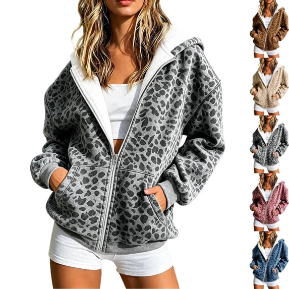BFRGSIJ Leopard Print Zip Up Hoodie for Women Fleece Lined Hooded Jacket with Pockets Casual Streetwear Fall Winter Sweatshirt M