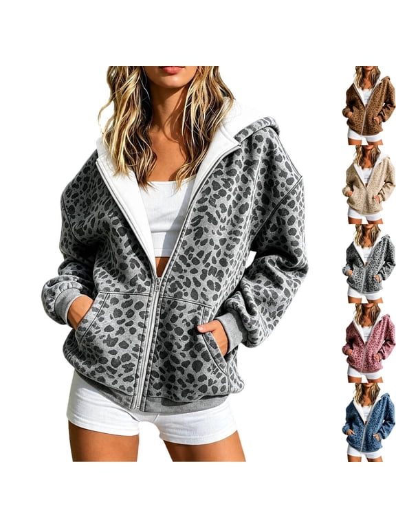 Leopard Print Zip Up Hoodie for Women Fleece Lined Hooded Jacket with Pockets Casual Streetwear Fall Winter Sweatshirt S