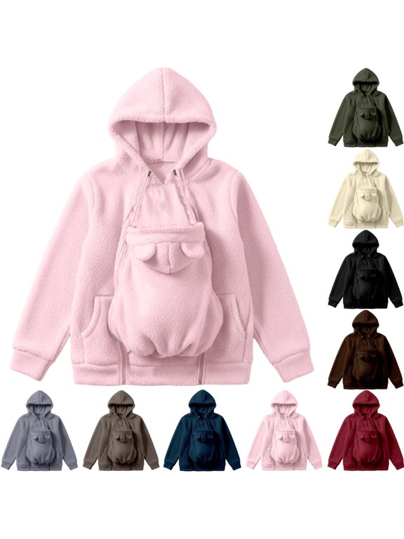 Sherpa Fleece Pet Pouch Hoodie for Women Zip Up Hooded Carrier Sweatshirt Warm Winter Hands Free Jacket for Pet Lovers L