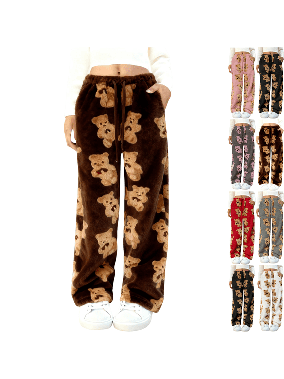 Wide Leg Pajama Pants for Women with Pockets Teddy Bear Graphic Drawstring Waist Fleece Sleep Bottoms Soft Plush Casual Fall Winter Loungewear M