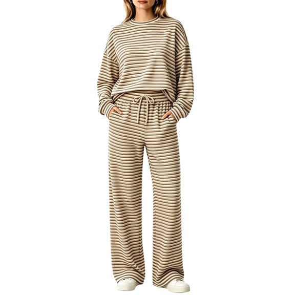 BFRGSIJ Women's 2 Piece Outfit Set Crew Neck Long Sleeve Top & High Waist Drawstring Wide Leg Pants Casual Loungewear for Fall Winter L