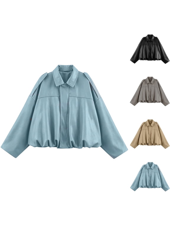 Women's Cropped Faux Leather Jacket Collared Drop Shoulder Long Sleeve PU Coat with Elastic Hem Casual Moto Outerwear M