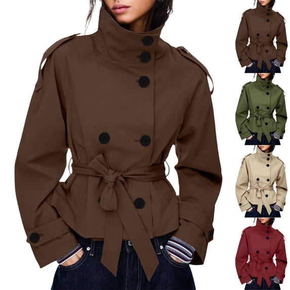 BFRGSIJ Women's Cropped Trench Coat Double Breasted Stand Collar Long Sleeve Jacket with Detachable Belt Casual Outerwear for Spring Fall L