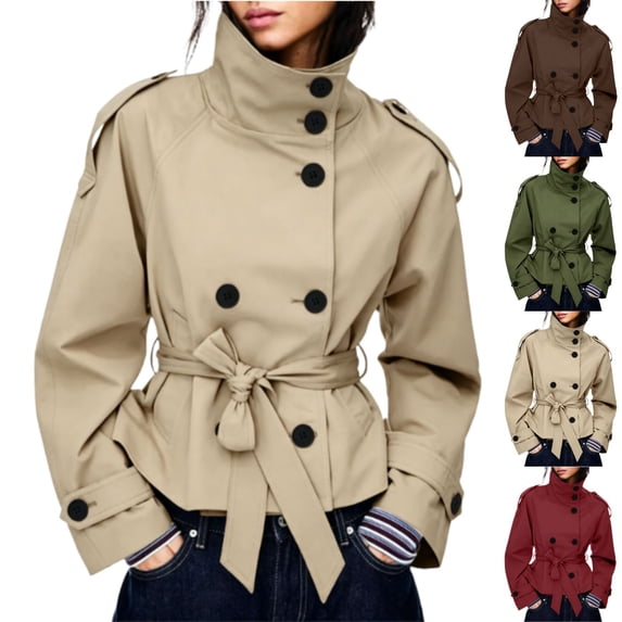 BFRGSIJ Women's Cropped Trench Coat Double Breasted Stand Collar Long Sleeve Jacket with Detachable Belt Casual Outerwear for Spring Fall M