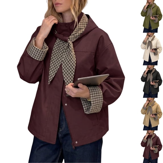BFRGSIJ Women's Cropped Trench Coat with Detachable Plaid Scarf Hooded Casual Jacket with Plaid Cuffs Loose Fit Windproof Outerwear for Fall S