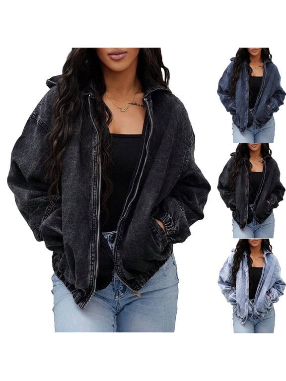 Women's Denim Bomber Jacket Hooded Vintage Washed Zip Up Long Sleeve Jean Coat with Elastic Hem Casual Loose Outerwear with Pockets L